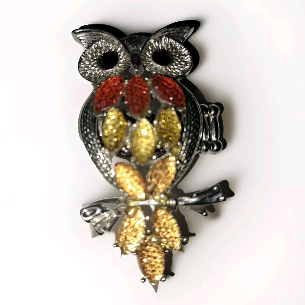 Jeweled Owl Ring Stretch Band Size 9+ Up Silver Orange Yellow Amber Fall Colors